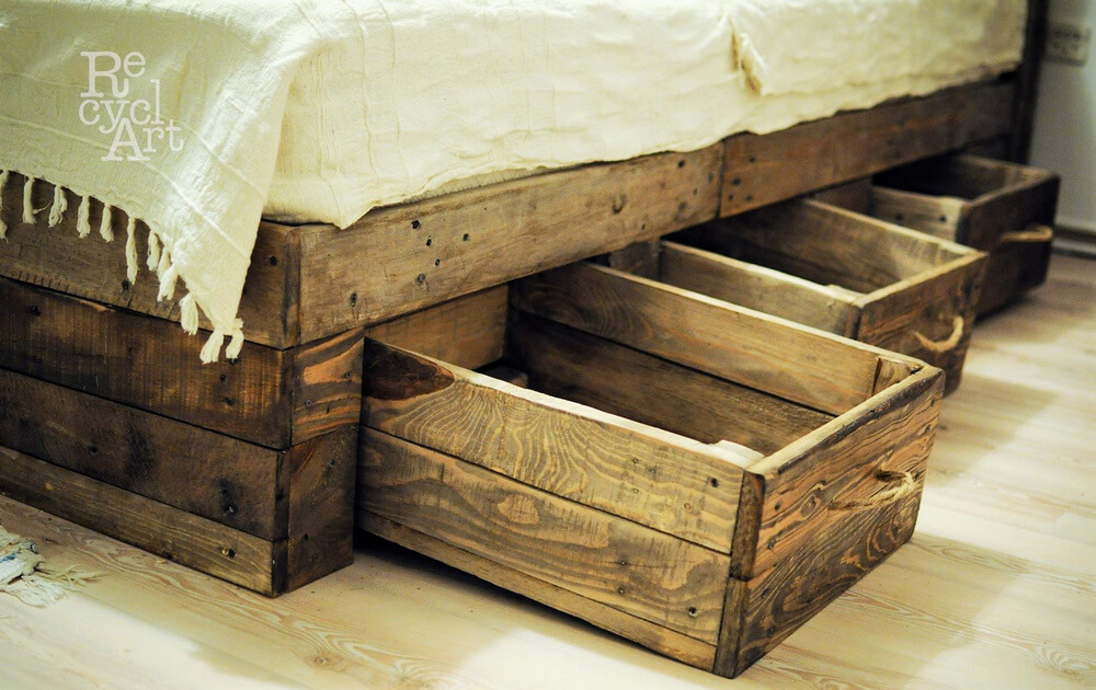 Pallet Big Bed with Storage Drawers Wood Pallet Furniture